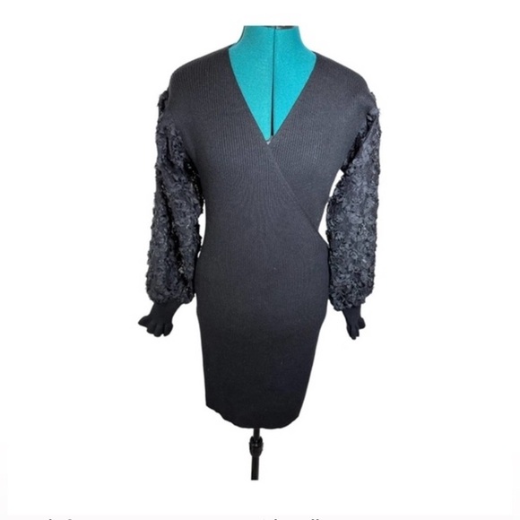 Lush Ribbed Faux Wrap Sweater Dress With Balloon Applique Sleeves in Black - Picture 2 of 8